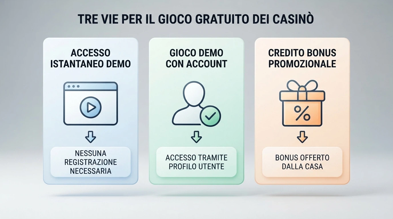 Un flusso a tre colonne che illustra l'accesso senza registrazione, la registrazione con conto gioco e l'attivazione di un Fun Bonus
