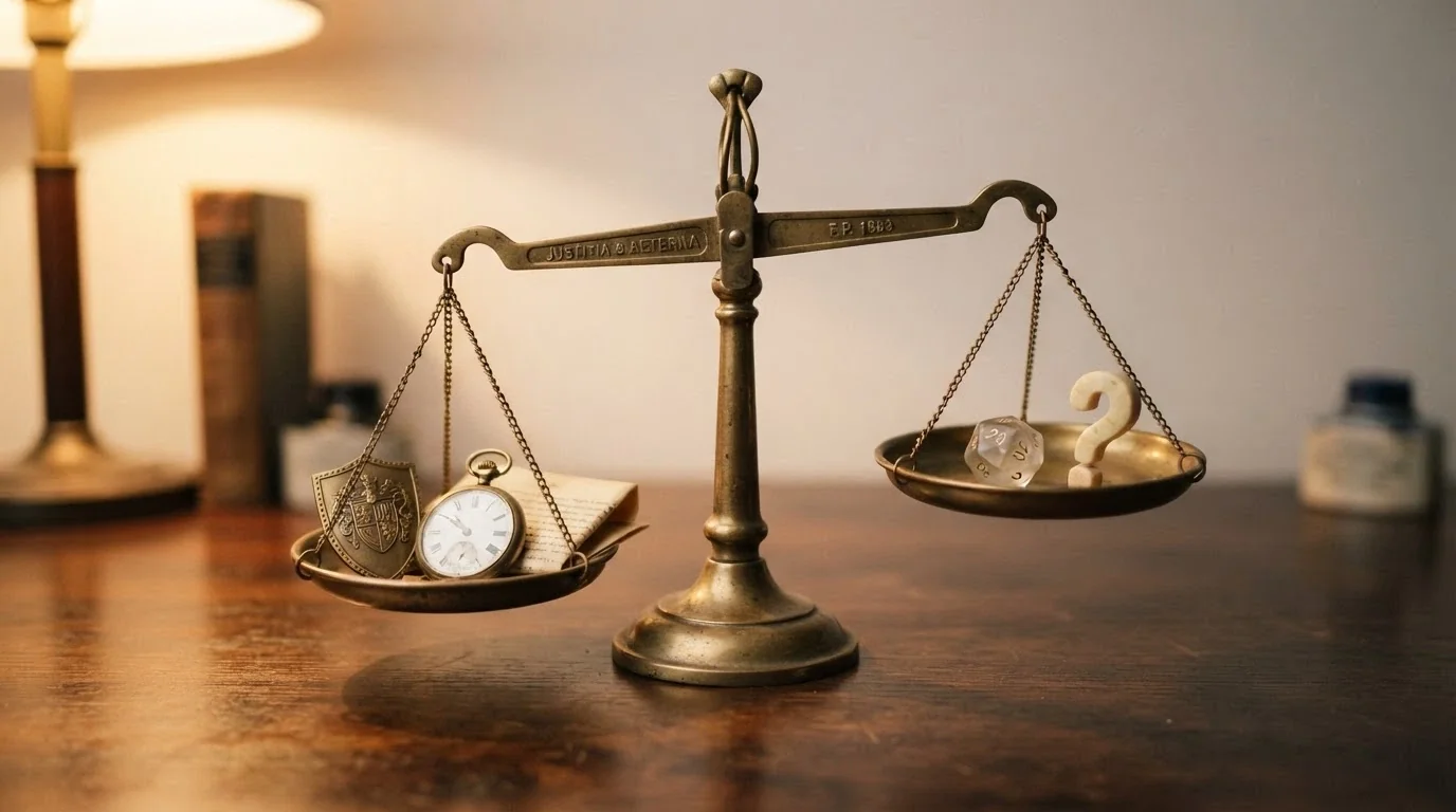 Una bilancia stilizzata: sul piatto sinistro le tutele ADM (documenti, scudi, orologi), sul piatto destro — più leggero — solo una licenza estera e un punto interrogativo