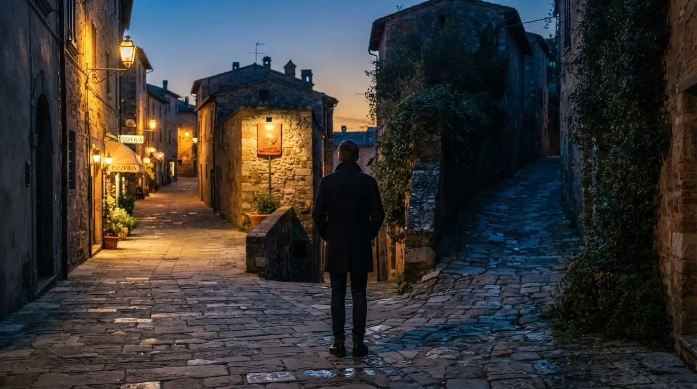 Una strada che si biforca: a sinistra un percorso illuminato con il simbolo ADM, a destra un sentiero in ombra — il giocatore è fermo al bivio, con lo sguardo rivolto verso la via più sicura